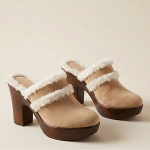 Tommy Hilfiger Tan Suede Fur Lined Wooden Platform Clog Mule Heels 6.5